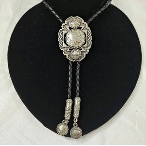 EJC Southwestern Indian Head Coin Buffalo Pewter Bolo Tie Black Braided Leather